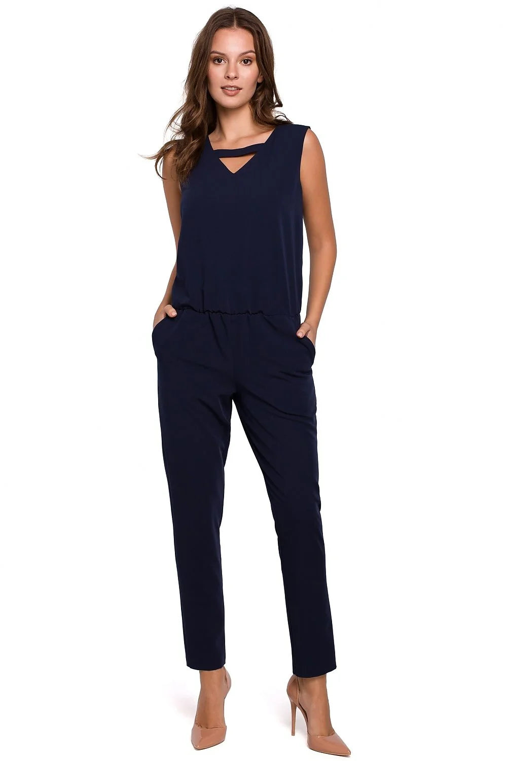 Combinaison élégante sans manches polyester moderne chic noir ajustée confortable avec poches pour femme