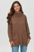 Pull-over ample col roulé manches longues maille maille épaisse poches patch côtelé finitions douillet hiver femme