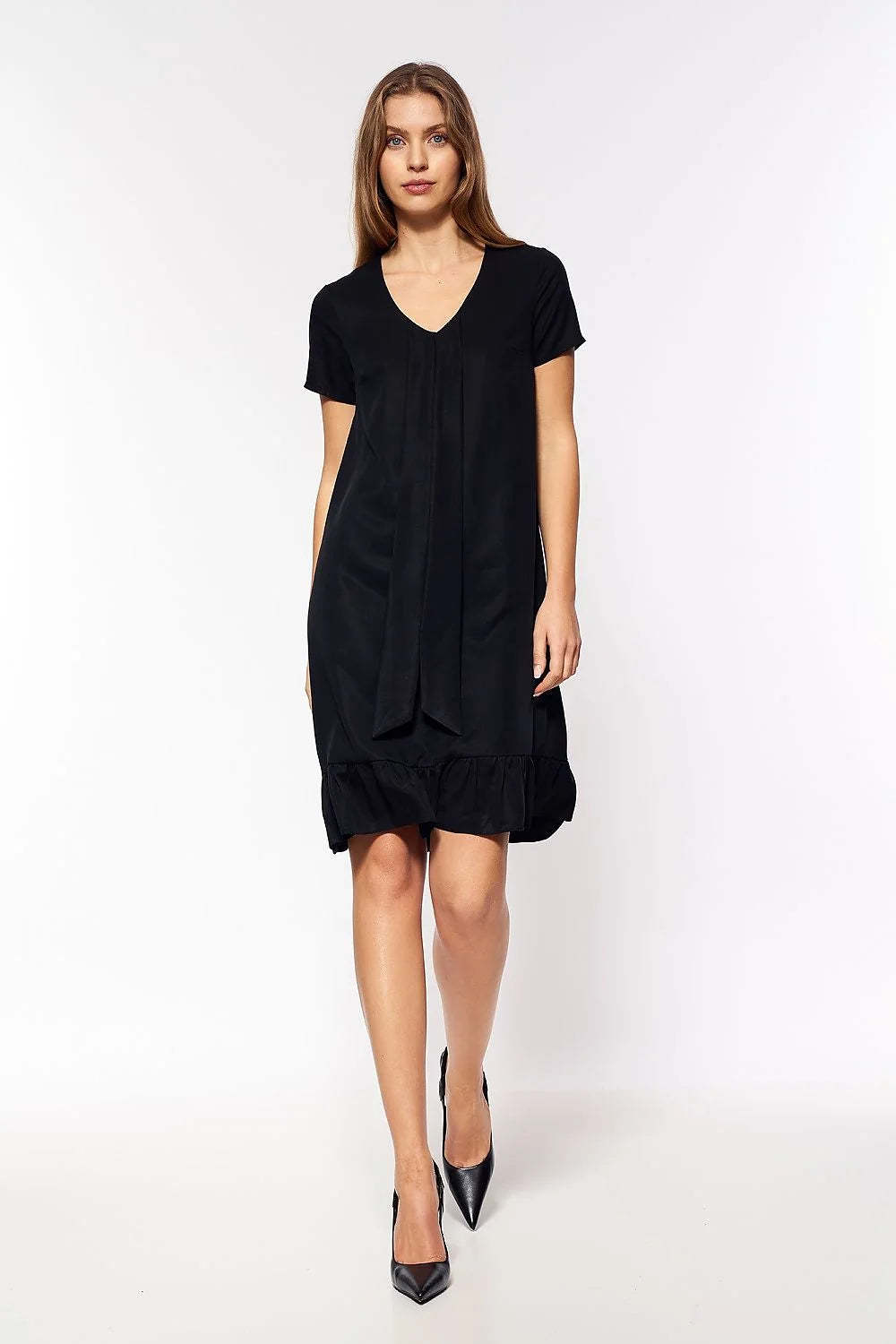Robe de jour Nife design épuré élégant viscose spandex coupe droite genoux décolleté V nœud central manches courtes style décontracté semi-formel couleur rouge garde-robe moderne femme