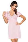 Chemise de nuit Donna élégante dentelle rose pâle manches courtes encolure V coupe ample viscose délicate femmes confortable
