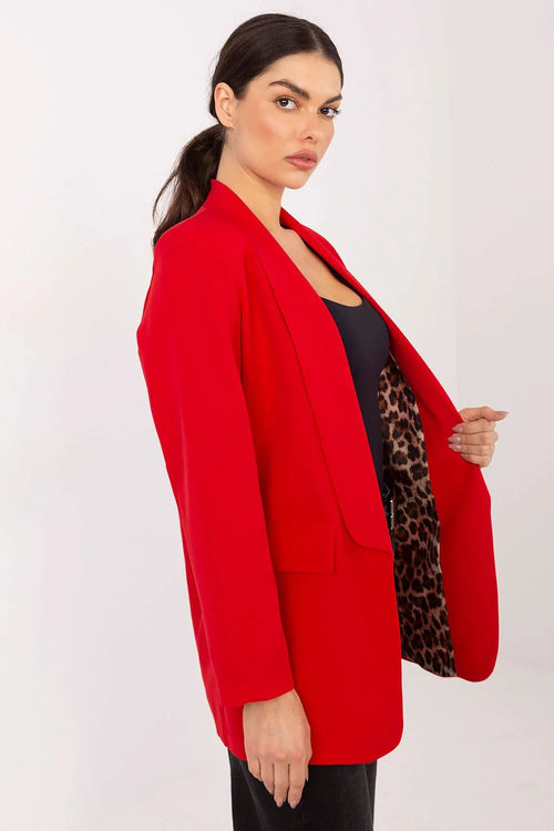 blazer femme ouvert rouge vif coupe droite longueur hanches épaules structurées col châle sans fermeture doublée manches longues