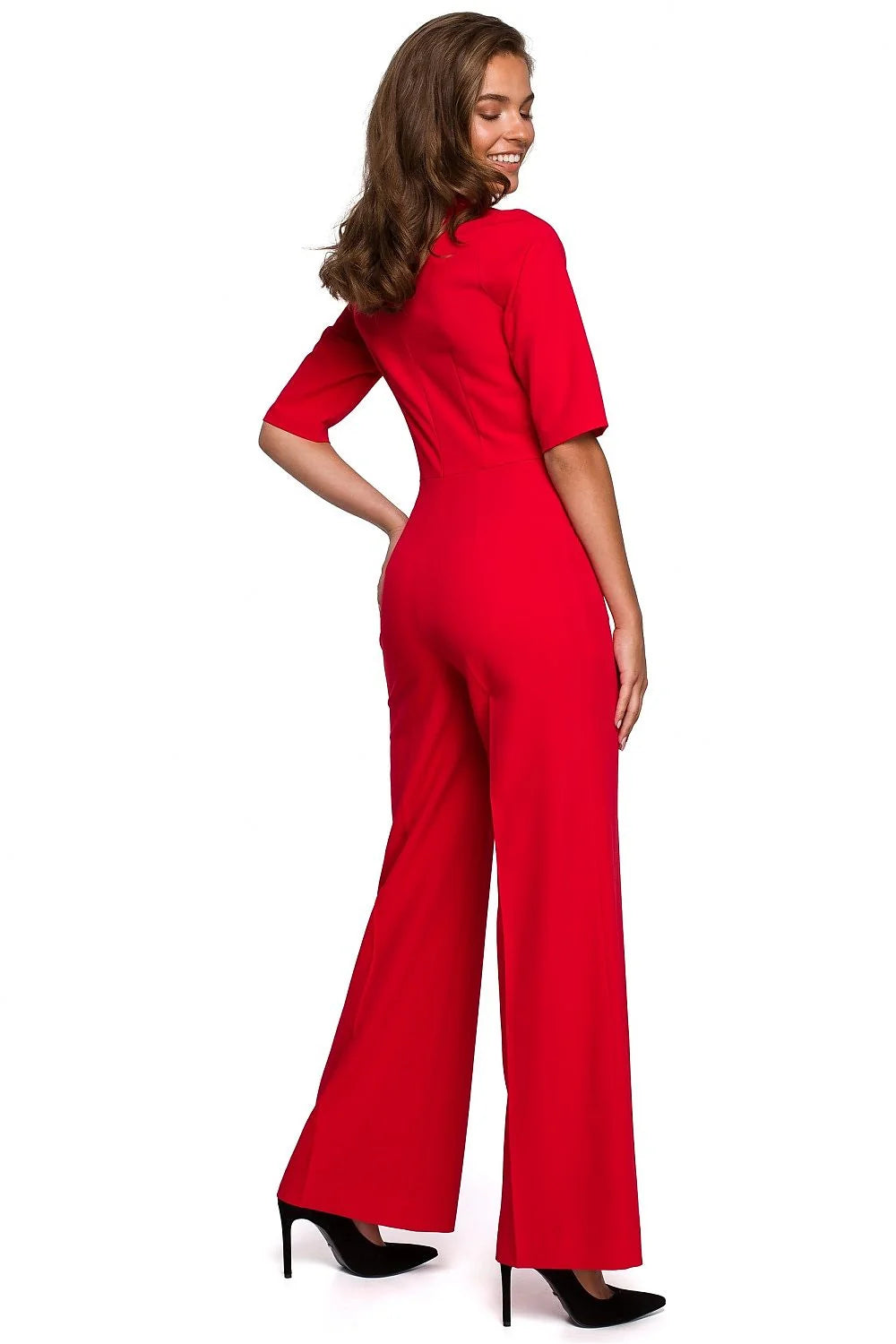 Combinaison rouge tissu lisse élégante chic manches mi-longues col écharpe jambes larges femmes
