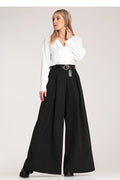 Pantalon femme Figl élégant noir ceinture boucle dorée chemisier blanc V-neck longues manches polyester elasthanne