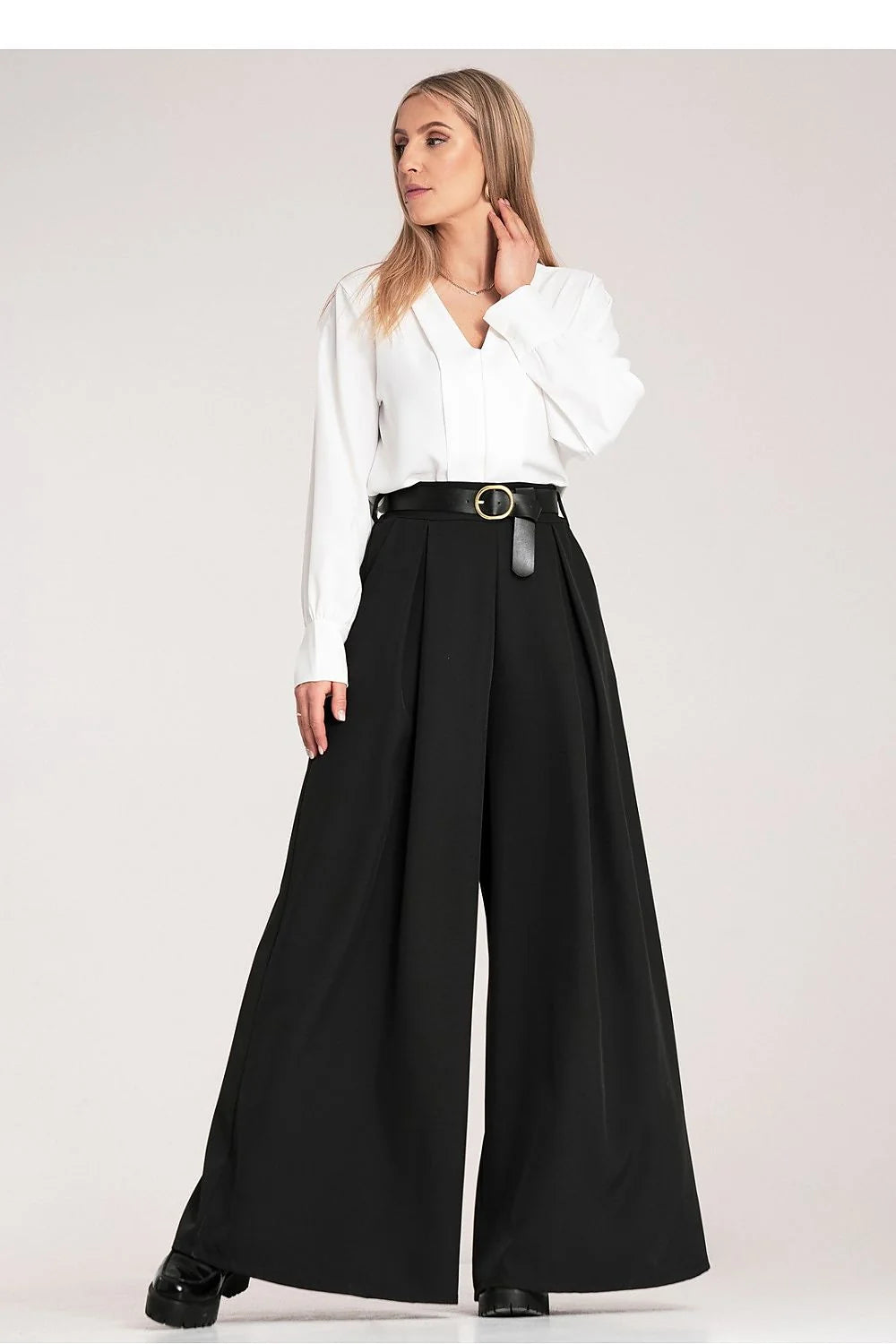 Pantalon femme Figl élégant noir ceinture boucle dorée chemisier blanc V-neck longues manches polyester elasthanne
