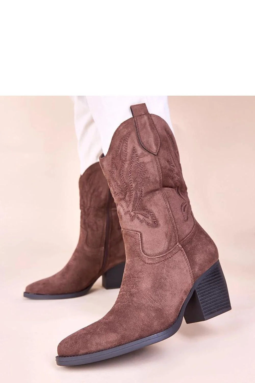 Gemre Cassa bottines marron daim suédé broderie décorative western mi mollet talon bloc 8cm bout pointu arrondi semelle antidérapante confortable