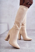 bottes hautes femme suédine écologique beige ajustée genou bout pointu talon épais rectangulaire fermeture zippée doublure confortable élégante