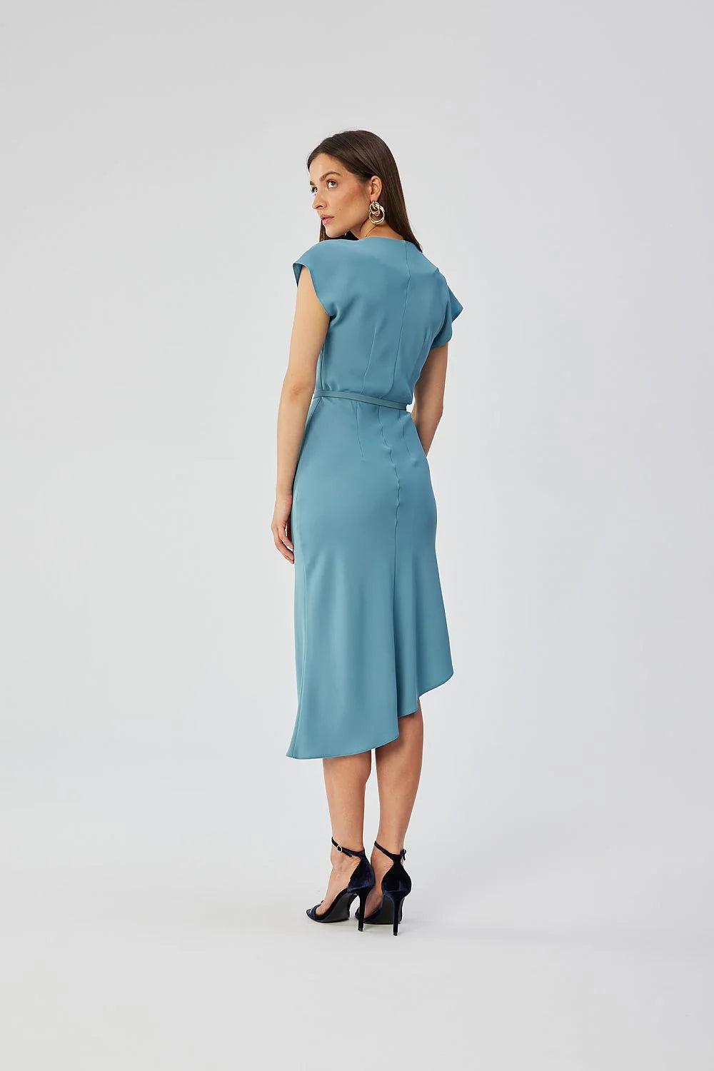 Robe de cocktail Stylove bleu clair longue encolure drapée ceinture assortie manches courtes lâches pour femmes élégance soirée