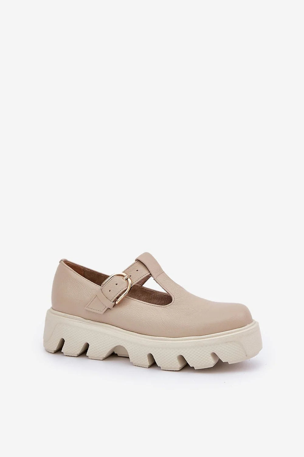 Chaussures basses T-bar style mode beige crème cuir naturel semelle plateforme amorti confort femmes
