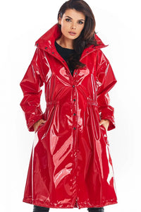 Manteau long vinyle femmes audacieux moderne coupe ample col montant noir rouge confortable