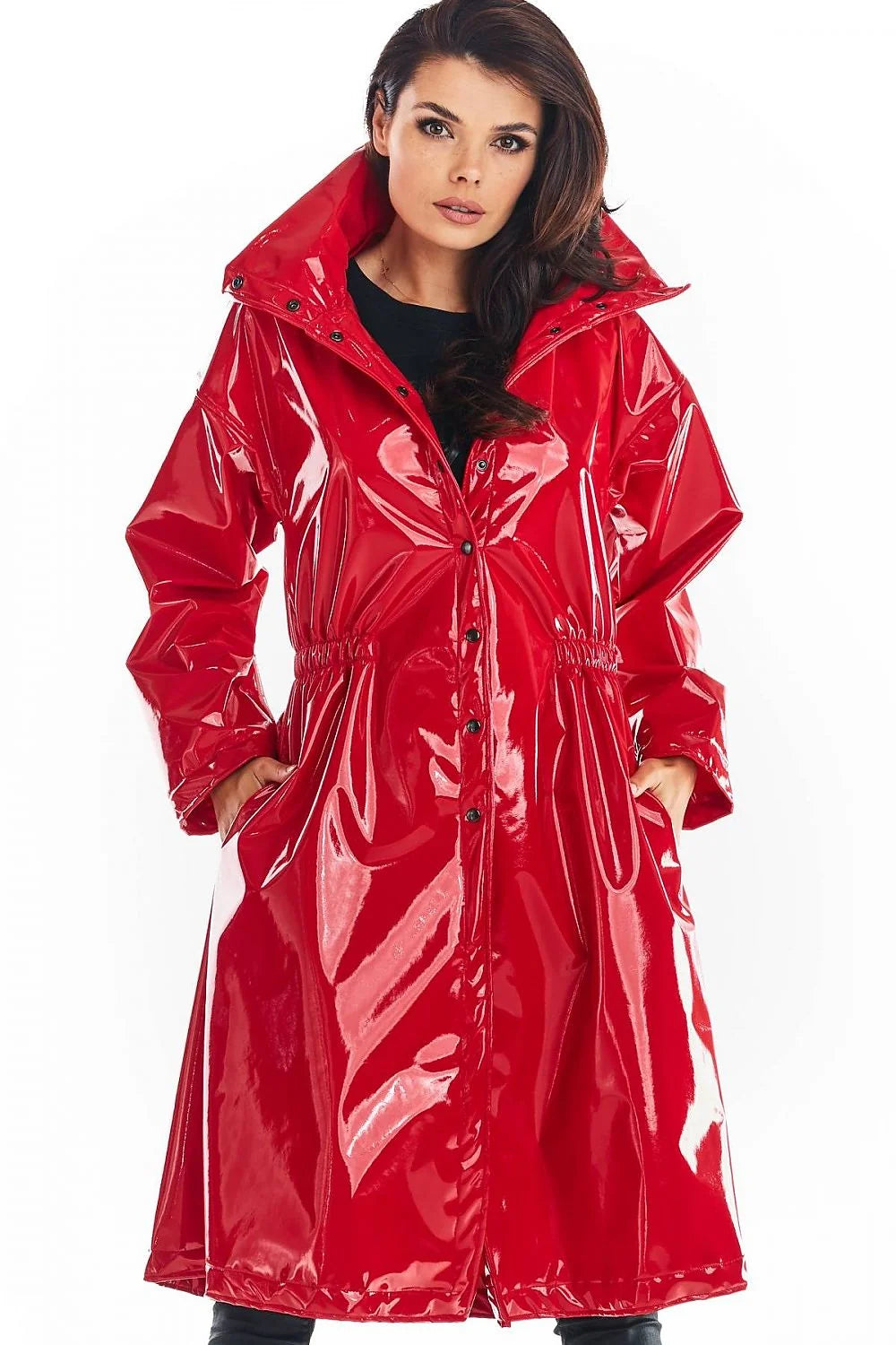 Manteau long vinyle femmes audacieux moderne coupe ample col montant noir rouge confortable