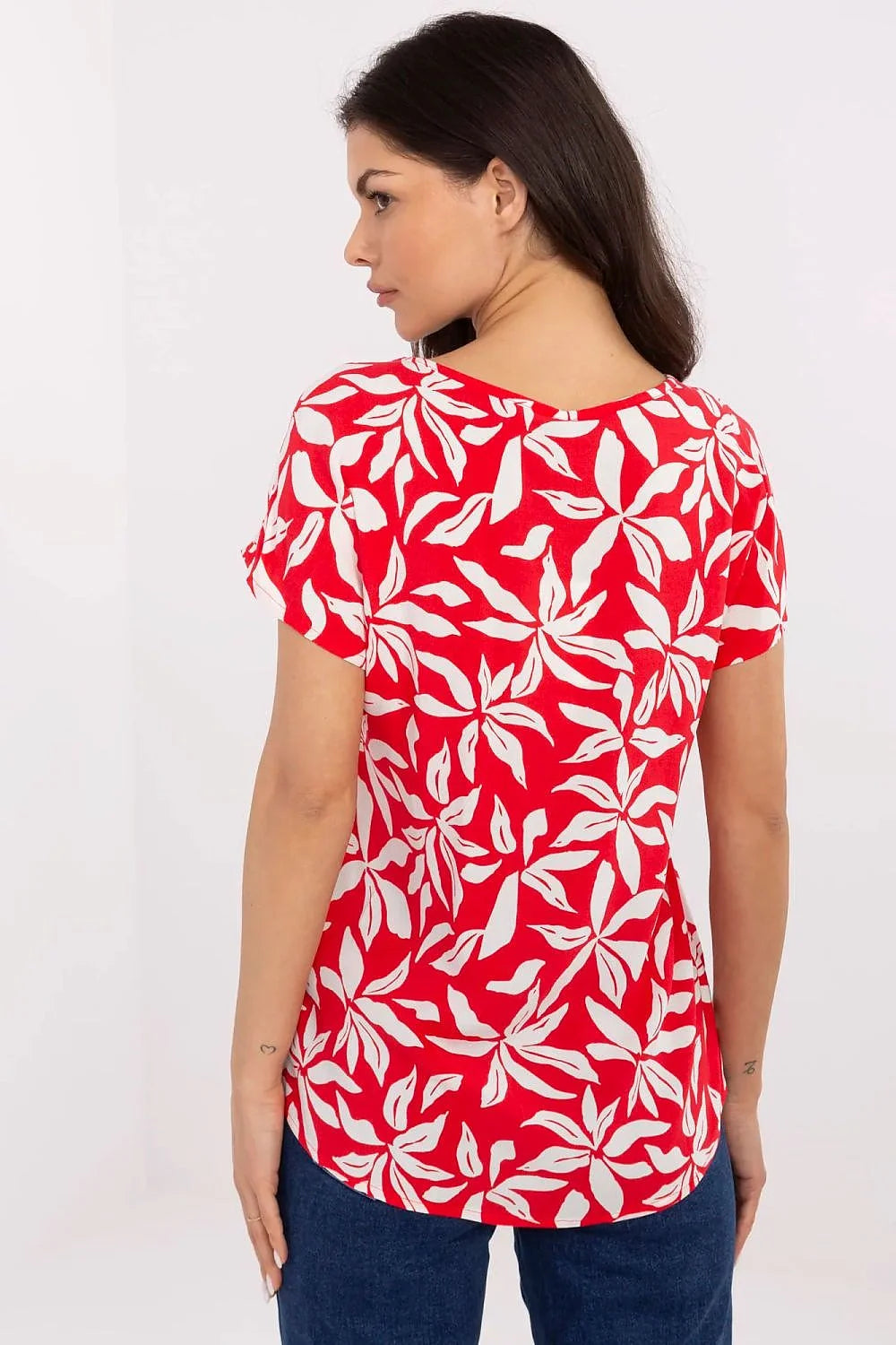 Chemisier féminin motif floral audacieux manches courtes coupe ample tissu léger respirant couleur rouge vif blanc femme