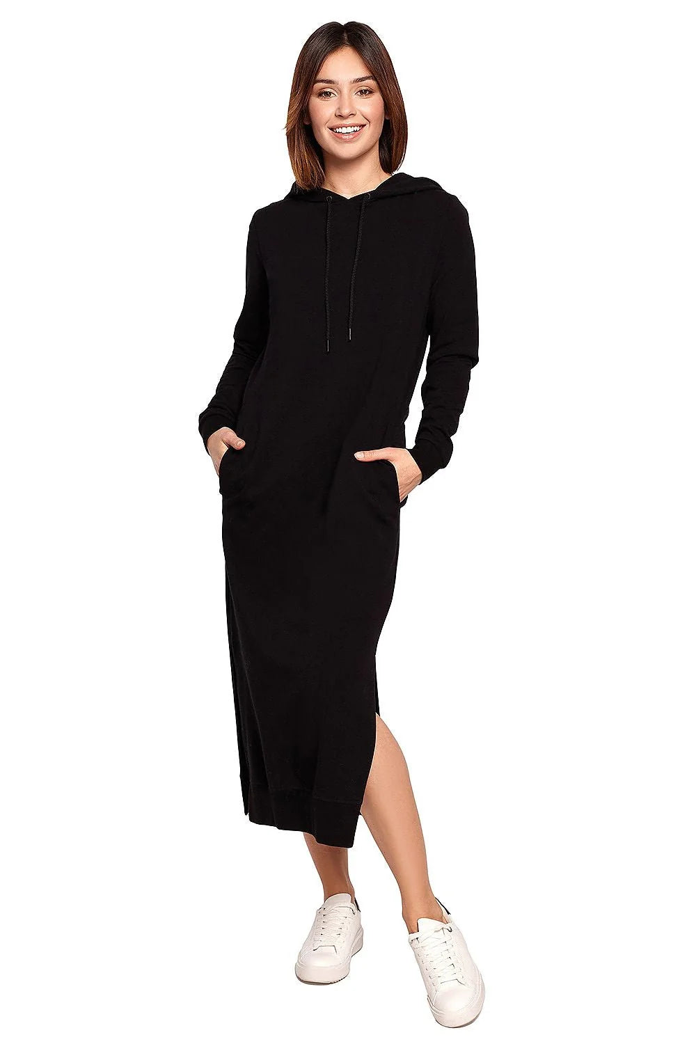 Robe sweat coton décontractée beige confortable capuche poches longues moderne femme activités quotidiennes
