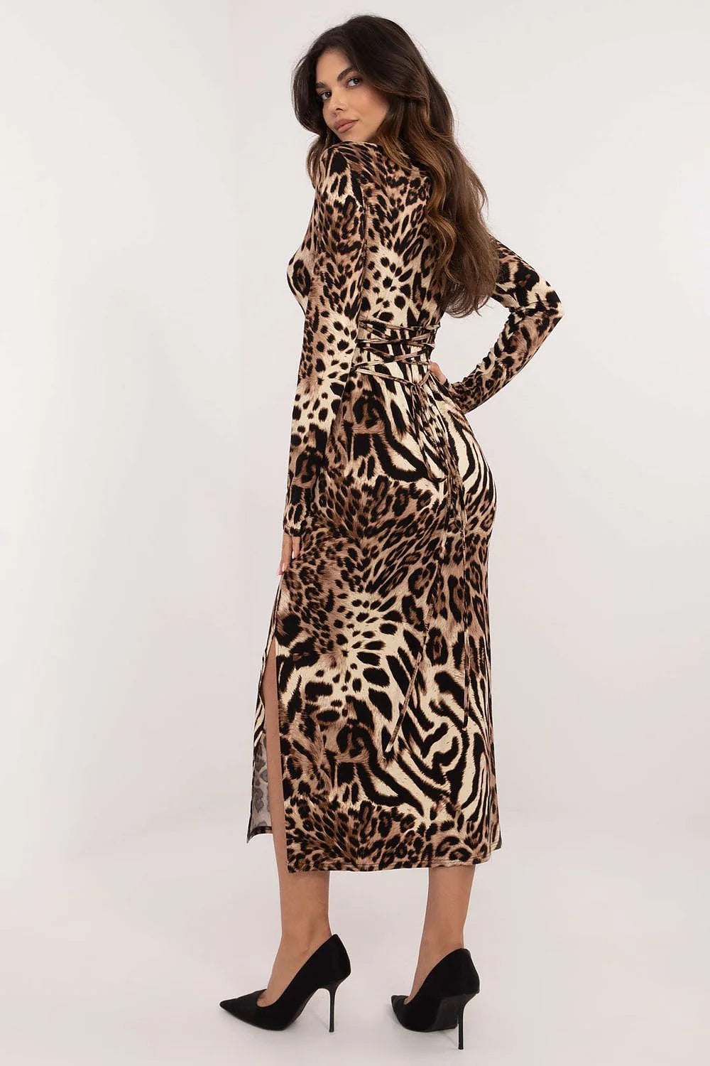 Robe féminine à motif animal longue manches longues coupe ajustée viscose confortable élégance quotidienne travail femme