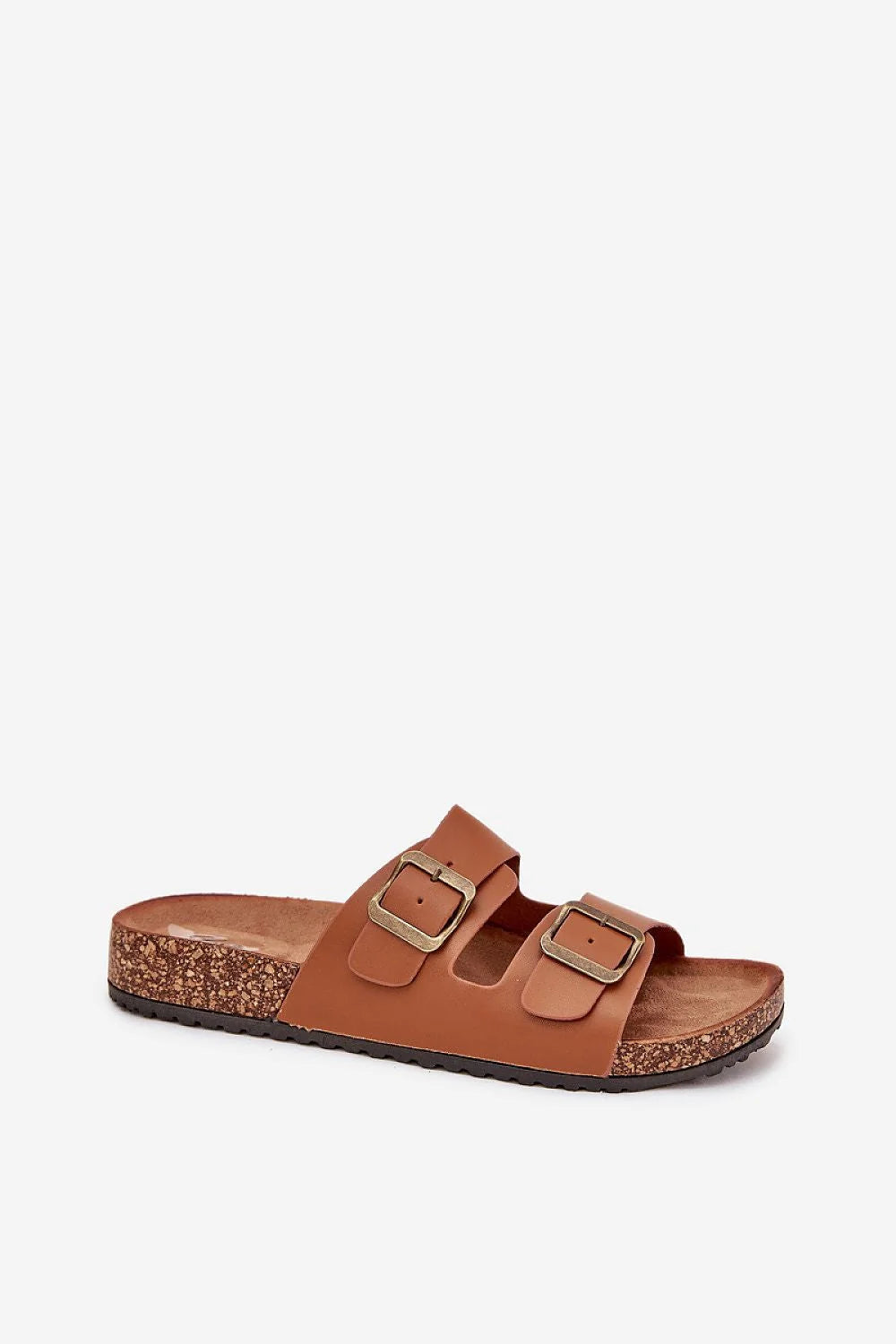 sandales femme mules deux brides larges cuir marron cognac bout ouvert boucles métalliques réglables semelle liège profilée crantée maintien