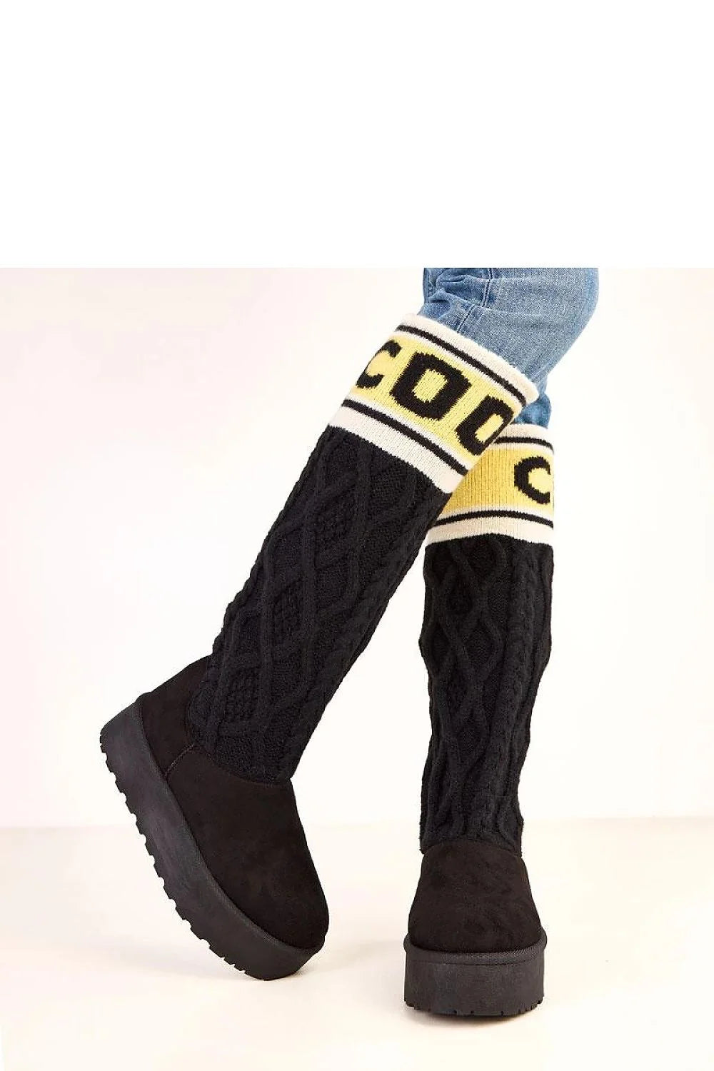 bottes neige femme tige40cm cuir écologique suédine noires maille torsadée bandeécrujaune côtelée boutrond plateforme5cm semellecrantée isolationthermique confortables élégantes