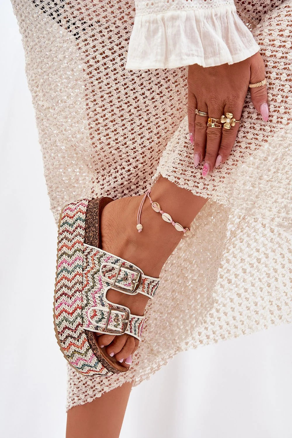 sandales plateforme bohème multicolore femme confort tressé liège semelle corde chevrons brides réglables boucles dorées sabot estival