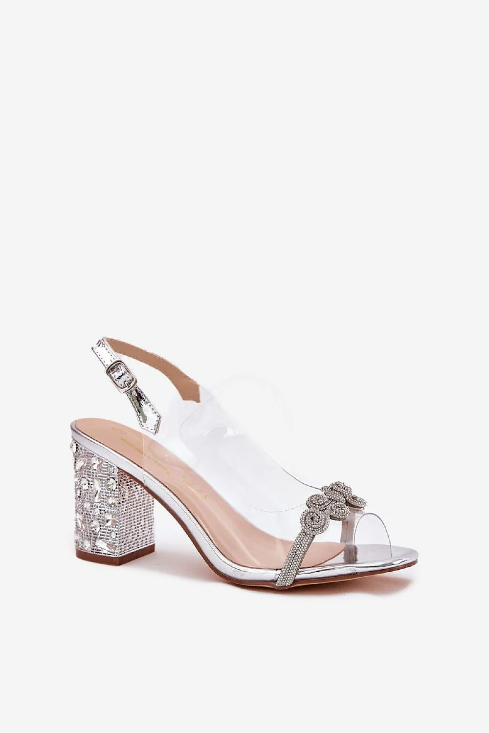 sandales transparentes élégantes talon bloc 8cm bride cheville réglable lanière ornée strass nœud carré cristaux semelle cuir souple