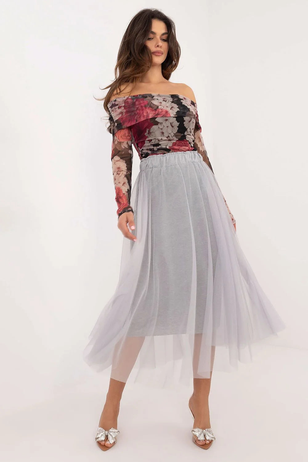 Ensemble femme élégant haut asymétrique jupe tulle floral motif coloré tissu extensible taille élastique occasion spéciale