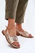sandales femme rose doré métallisé bride arrière bout ouvert semelle basse coussinée similicuir boucle circulaire strass réglable confort respirante élégante