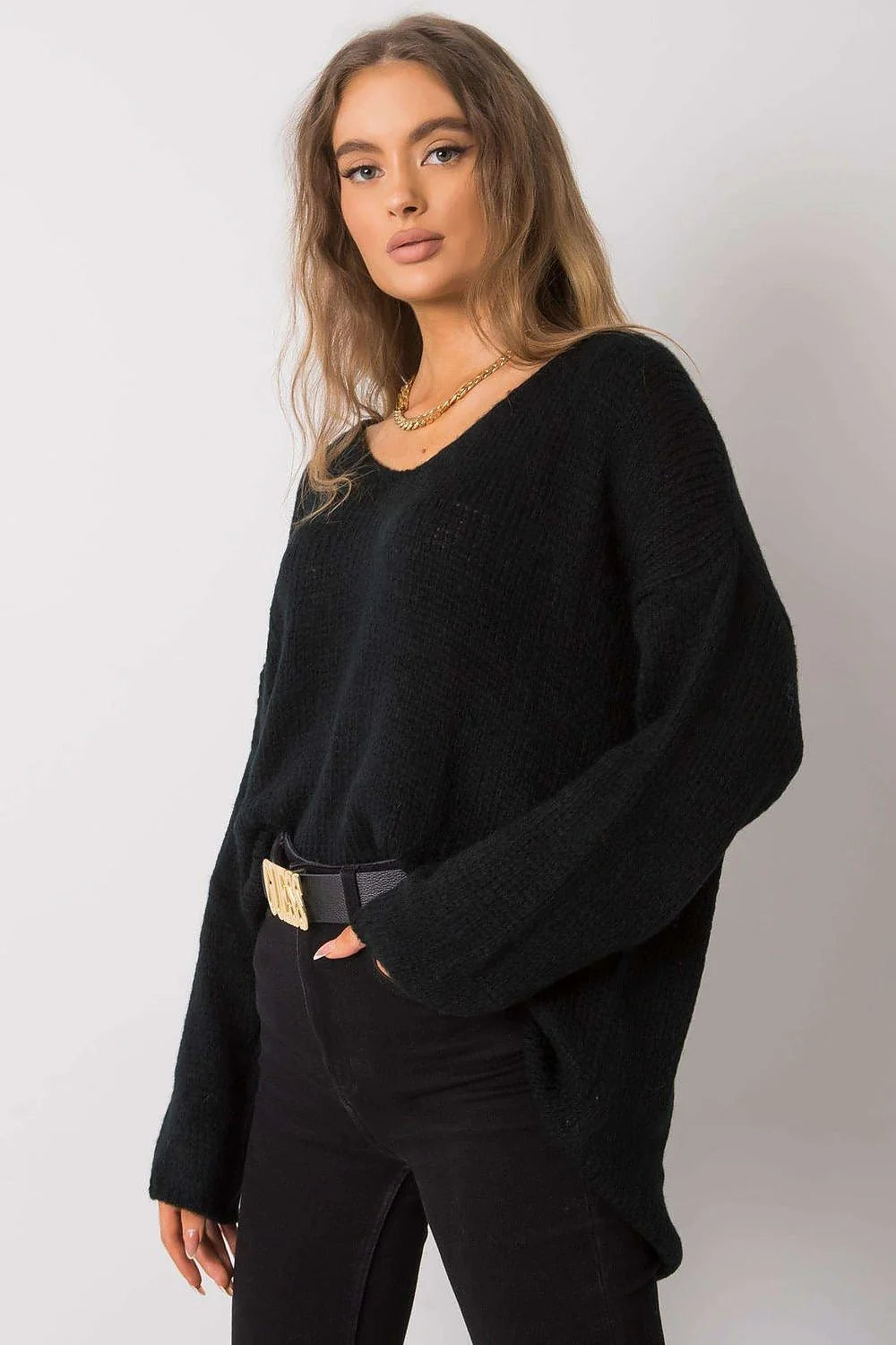 Pull pour femme Chandail Och Bella en acrylique et laine manches longues encolure V coupe ample finitions côtelées gris clair