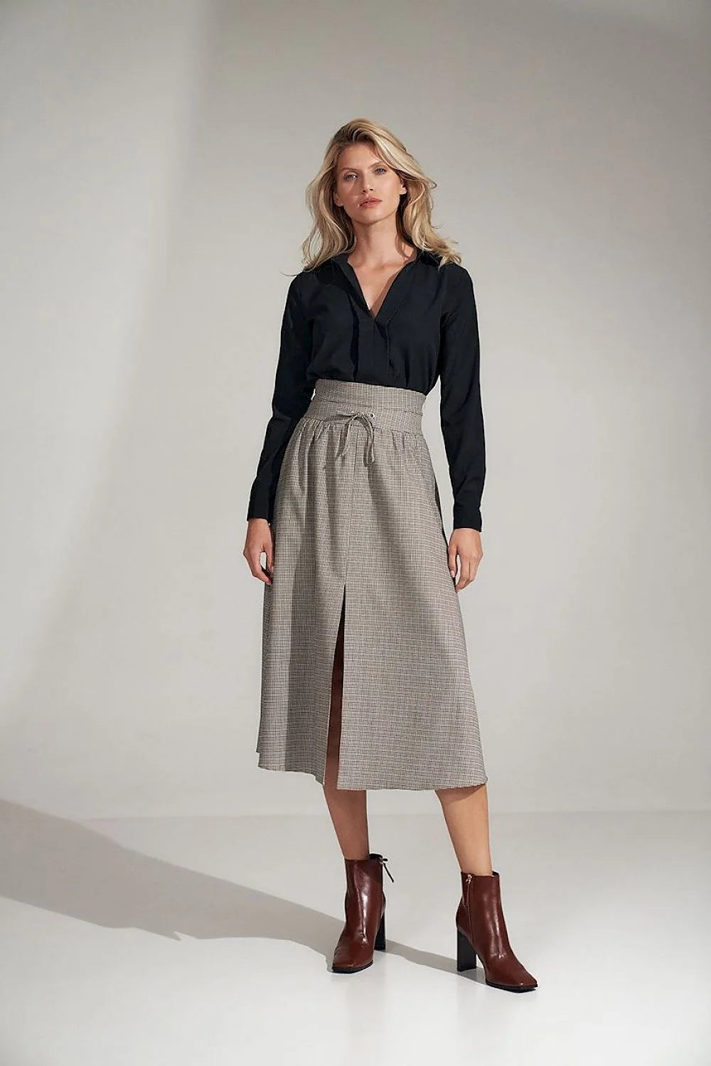 Jupe midi laine coton élégante évasée taille haute à carreaux professionnels pour femmes modernes