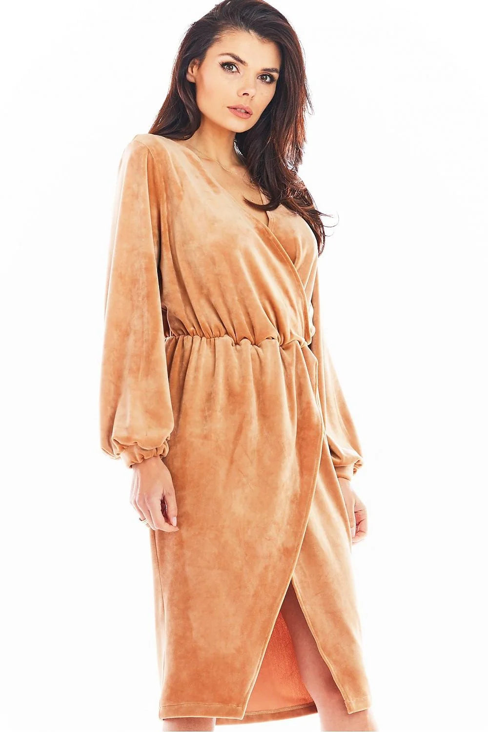 Robe de soirée élégante style portefeuille manches longues en velours élastique couleur noire taille ajustable pour femmes occasion formelle