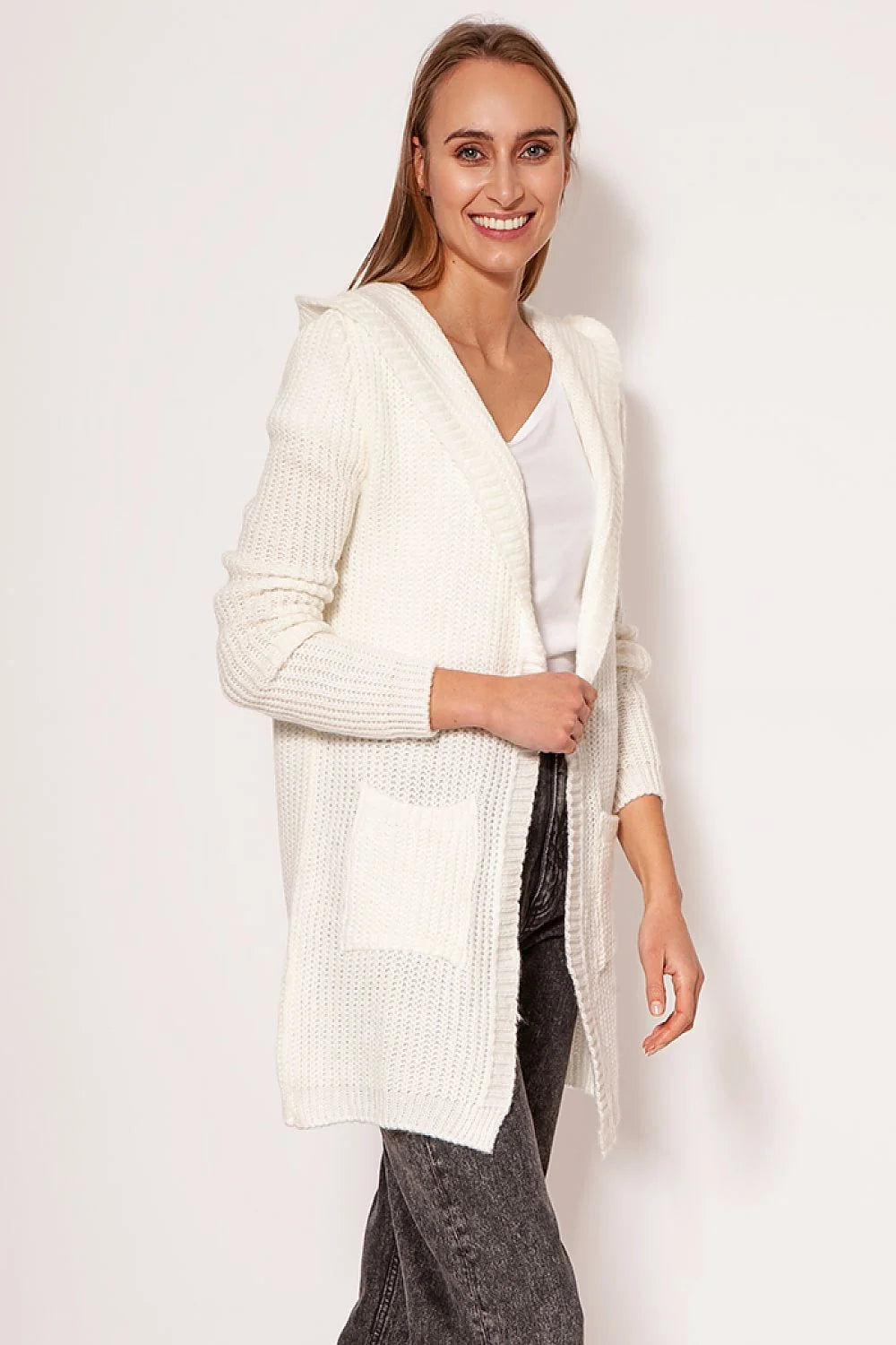 Cardigan long ouvert pour femme en tricot maille rouge vif coupe ample épaules tombantes manches longues poches intégrées matières mixtes acrylique polyester laine