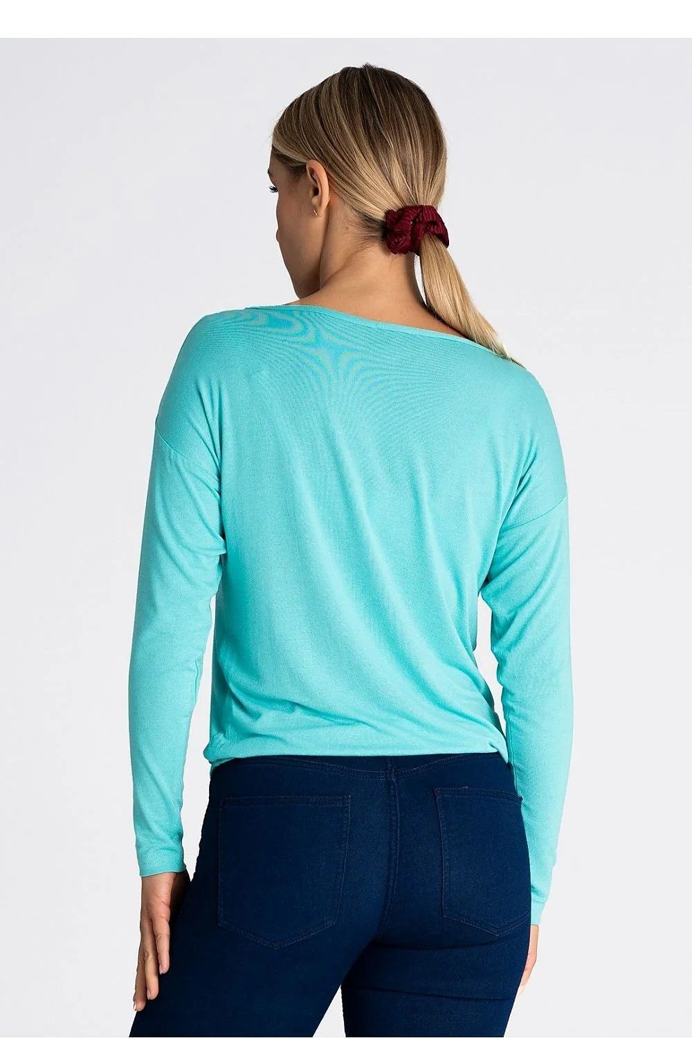 Chemisier femme en viscose couleur turquoise longues manches ample élastique bas ourlet logo occasion quotidienne mode moderne