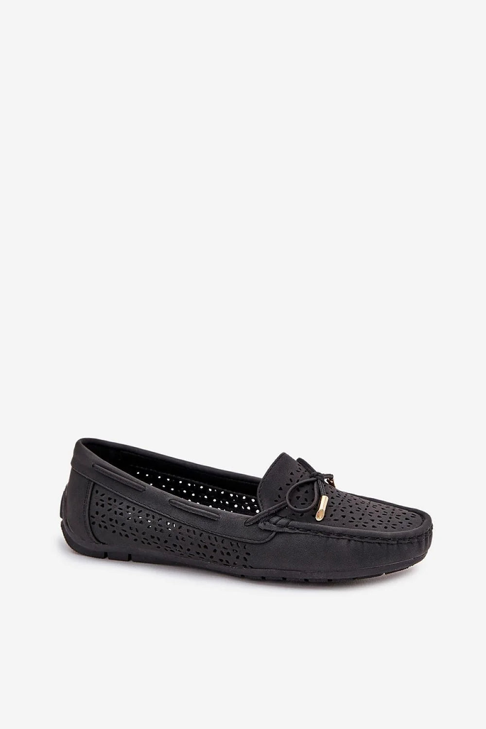 Moccasins femmes style élégant simili cuir perforé motif géométrique nœud doré bout arrondi semelle intérieure souple occasion printemps été