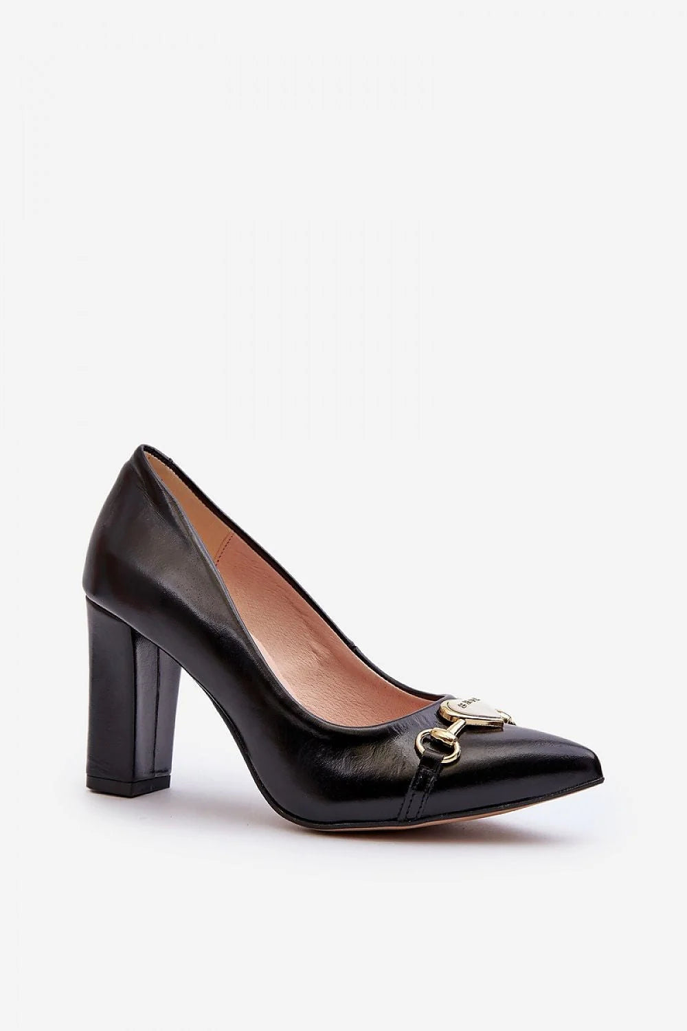 escarpins femme cuir naturel verni noir bout pointu talon bloc neuf centimetres stabilité mors doré élégant sophistiqué rembourré