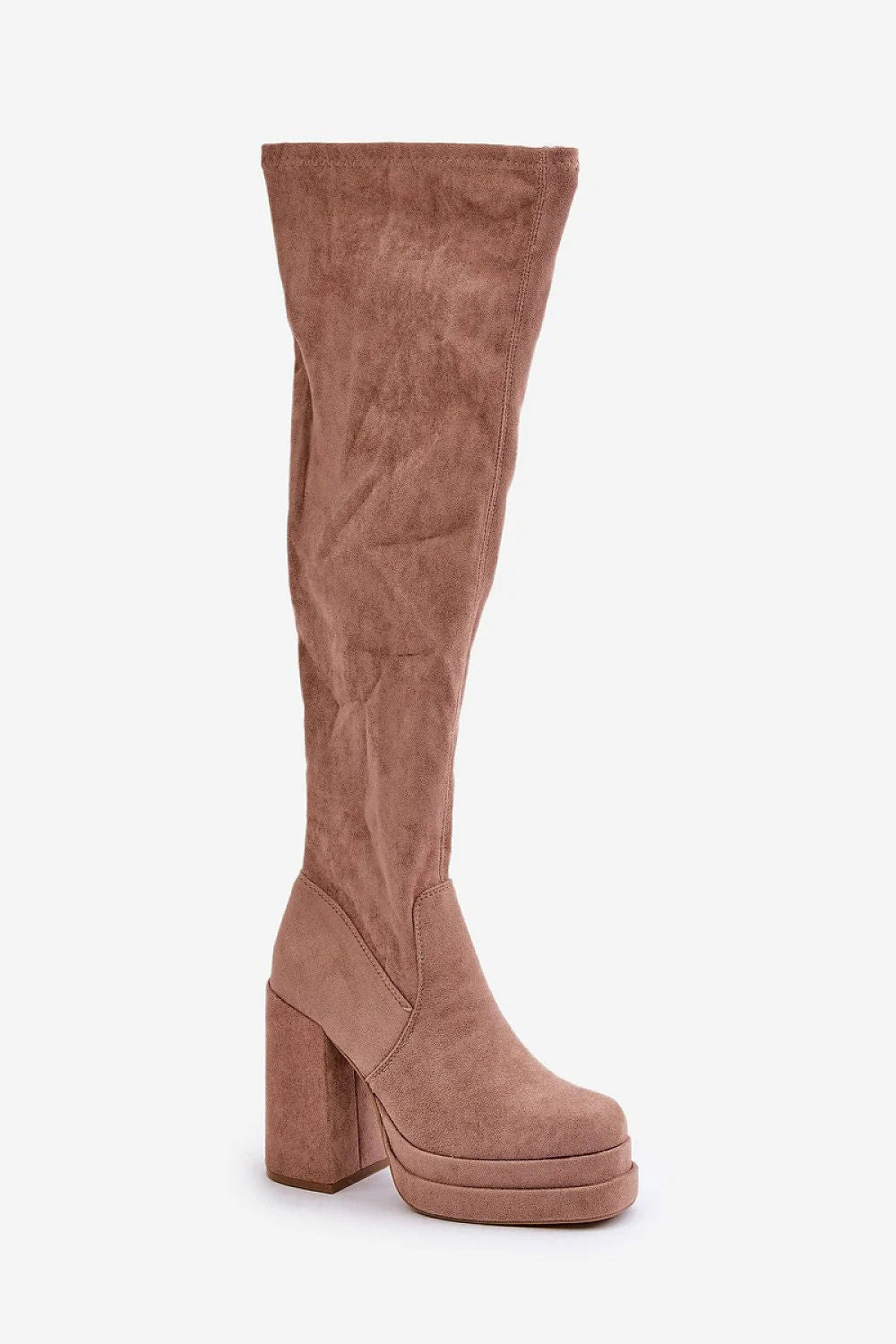 Bottes longues style sur le genou plateforme talon épais suédine écologique beige taupe femmes confort