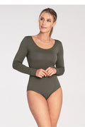 body femme manches longues col bateau coupe ajustée seconde peau viscose élasthanne stretch kaki olive minimaliste moulant extensible doux basique