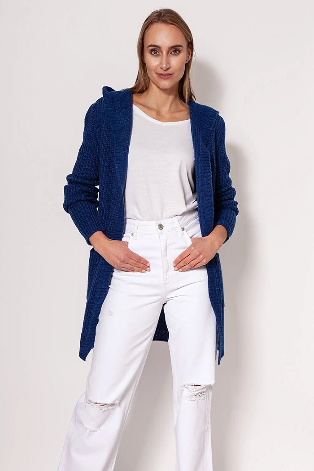 Cardigan long ouvert pour femme en tricot maille rouge vif coupe ample épaules tombantes manches longues poches intégrées matières mixtes acrylique polyester laine