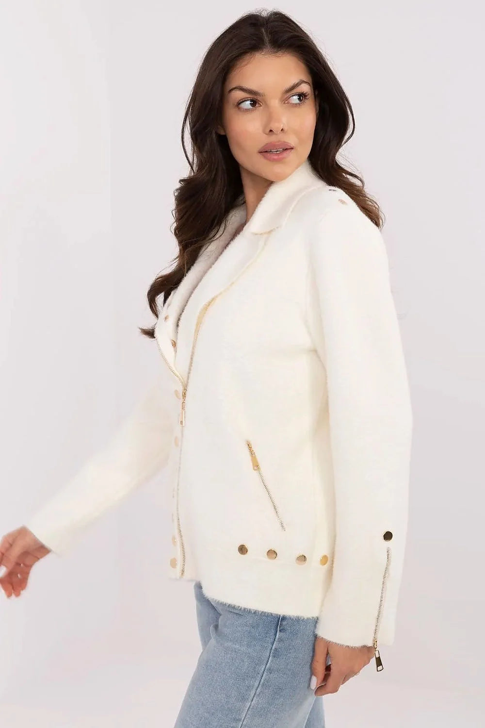 Manteau femme élégant moderne coupe droite col cranté fermeture éclair dorée boutons décoratifs manches longues poignets zippés poches inclinées laine mélangée
