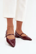 ballerine verni bordeaux brillant simili cuir MaryJane bride réglable boucle métallique bout pointu talon bas carré semelle fine confort stabilité