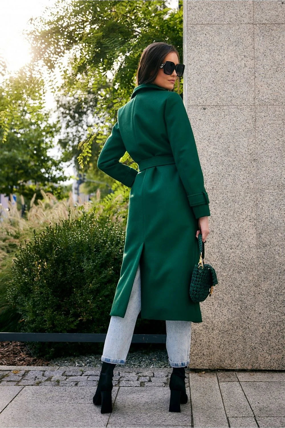 Manteau long élégant pour femmes en laine avec ceinture poches revers pointu automne hiver vert foncé