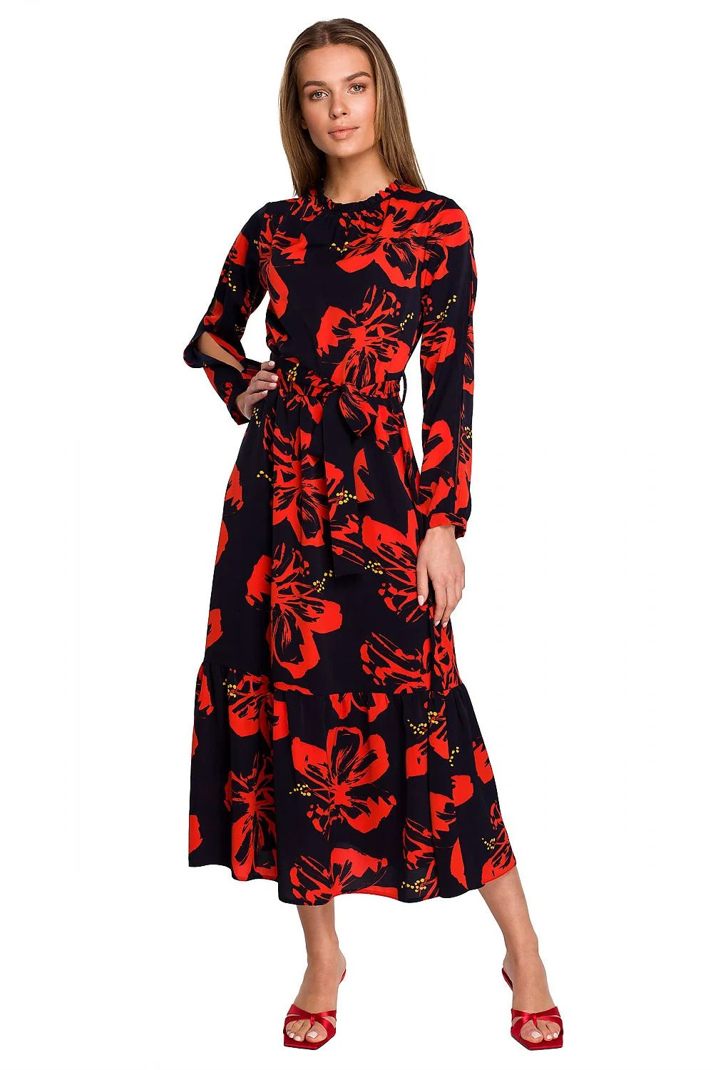 Robe longue en polyester Stylove imprimé floral chic manches longues ceinture ajustable femme élégante