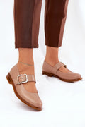Chaussures basses pour femmes style Mary Jane cuir haute qualité talon plat bout arrondi bride métallique beige