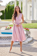 Robe de cocktail élégante cache-cœur sans manches taille cintrée jupe évasée couleur rose pâle polyester 100% femme