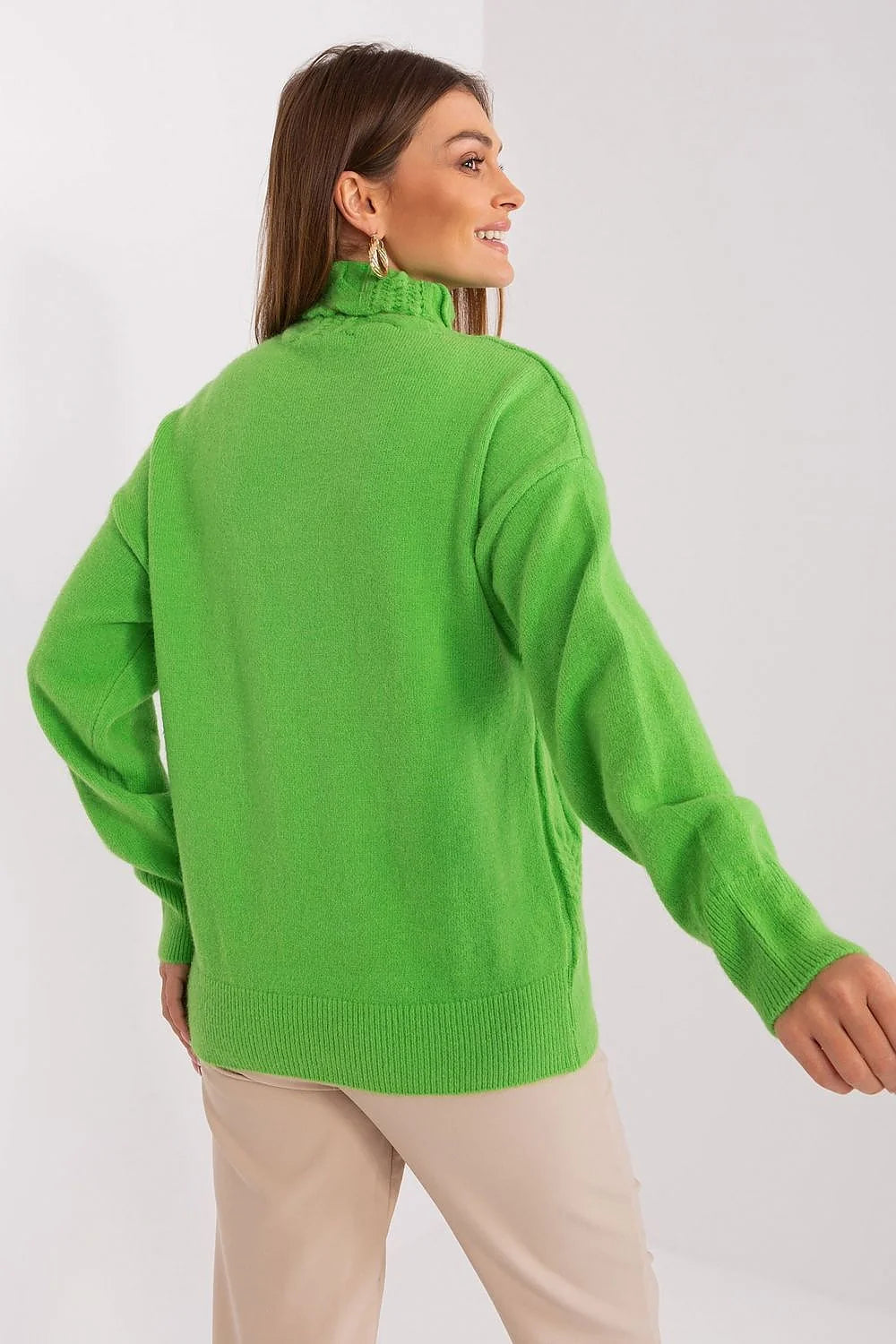Pull en maille torsadé pour femmes col montant couleur verte vif manches longues coupe ample automne hiver vêtement confortable élégant