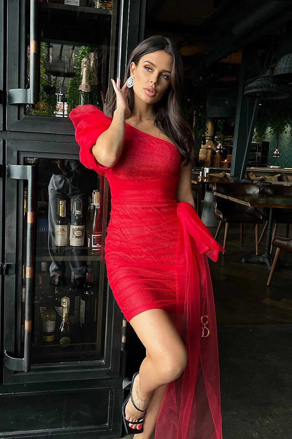 Robe courte Bicotone asymétrique élégante en tissu scintillant tulle bleu marine soirée cocktail femme