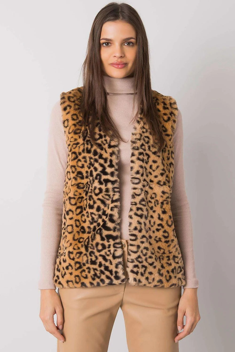 Gilet pour femme sans manches imprimé léopard faux fourrure doux col V mode moderne taille ajustable polyester 100%
