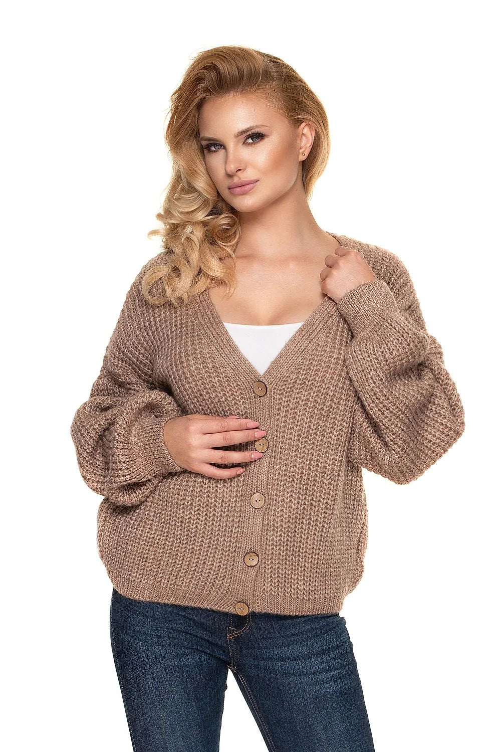 Cardigan oversize femme maille épaisse beige doux confort décontracté manches longues boutons bois élégant