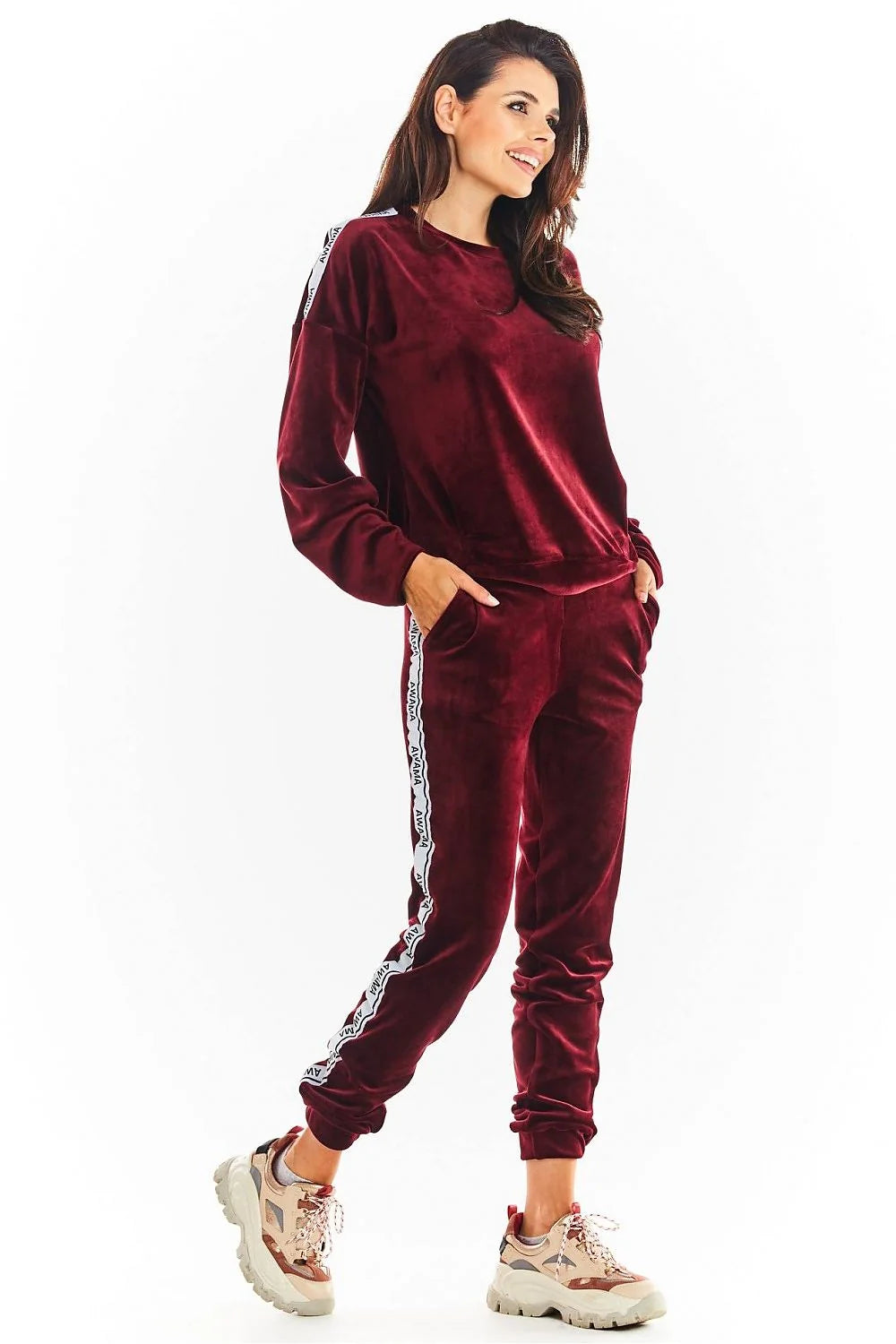 Ensemble survêtement femme velours bordeaux décontracté manches longues confort poches style chic maison