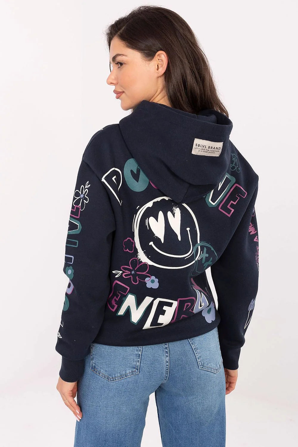 hoodie femme bleu marine oversize coupe droite manches longues molleton epais doux coton polyester imprime graphique multicolore poche latérale