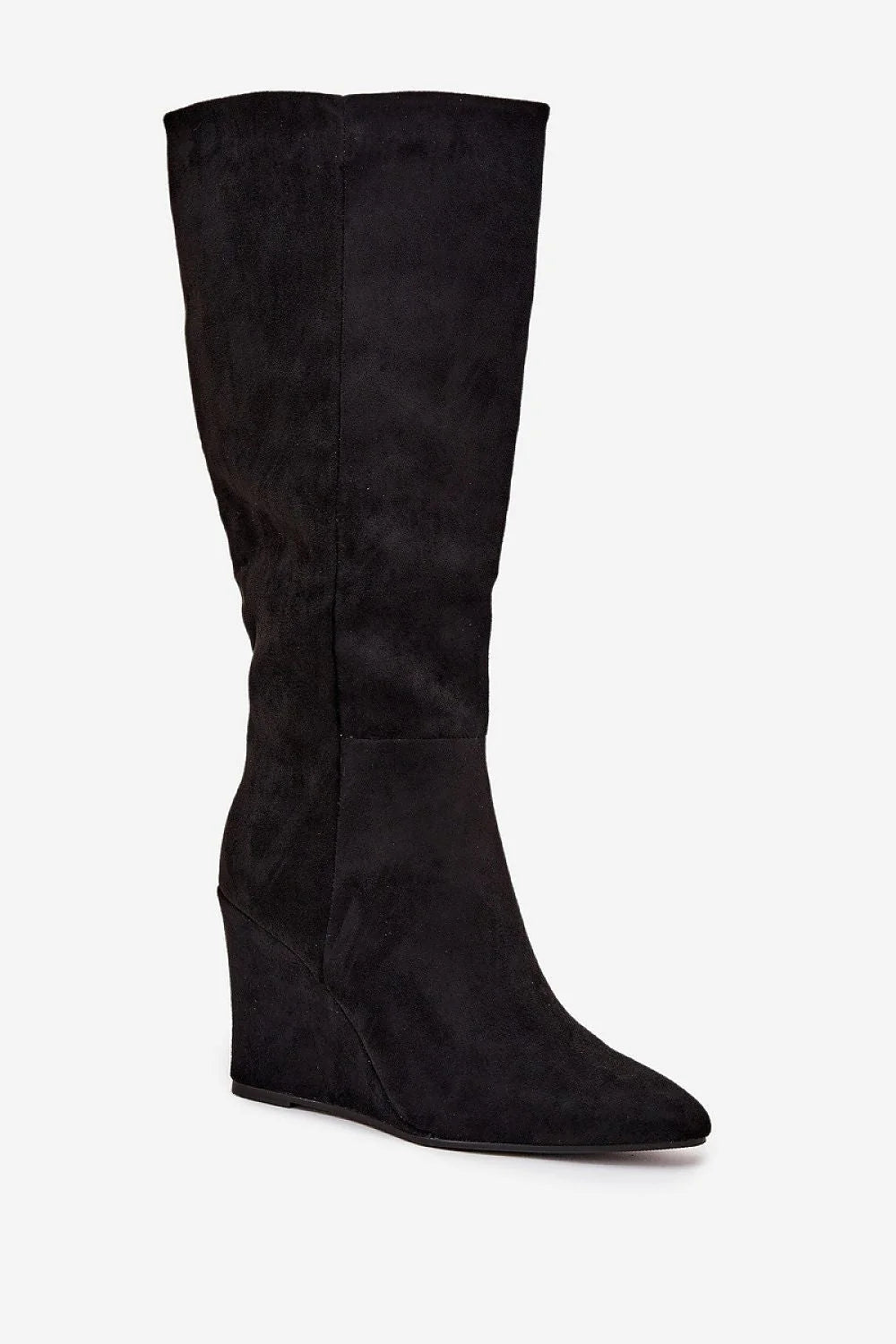 bottes femme suédine écologique noire tige haute genou talon compensé bout amande doublure fausse fourrure zippée confort chaleur élégantes chic