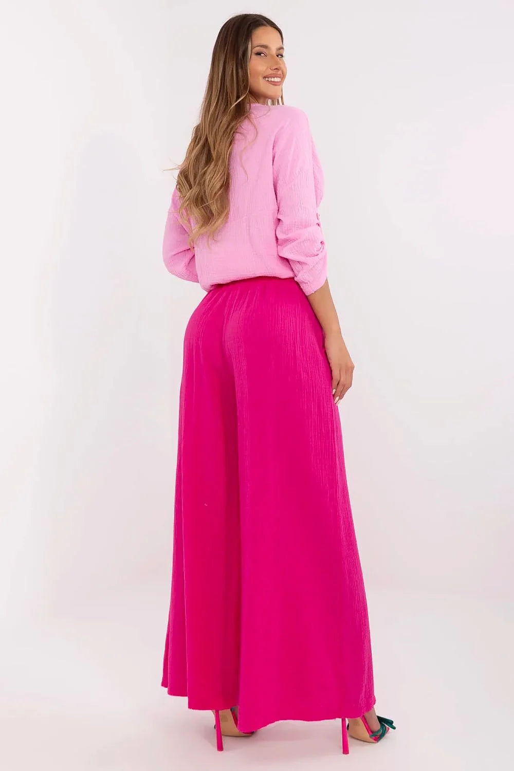 Pantalon femme élégant coupe large tissu mousseline rose vif style moderne occasions多种 femme Italy Moda