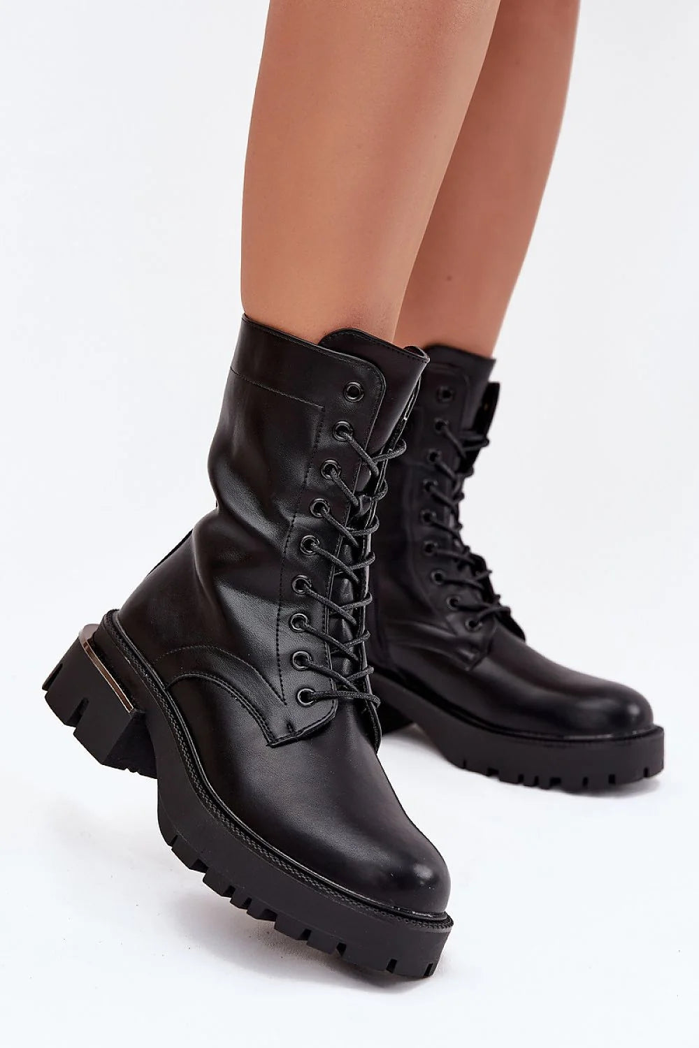 bottines montantes femme cuir écologique lisse bout arrondi lacets zip talon bloc stable semelle plateforme crantée antidérapante œillets métalliques