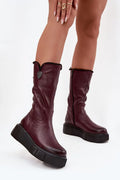 bottes cuissardes cuir naturel bordeaux grainé mi mollet fermeture éclair latérale doublure laine plateforme talon compensé semelle crantée hivernale