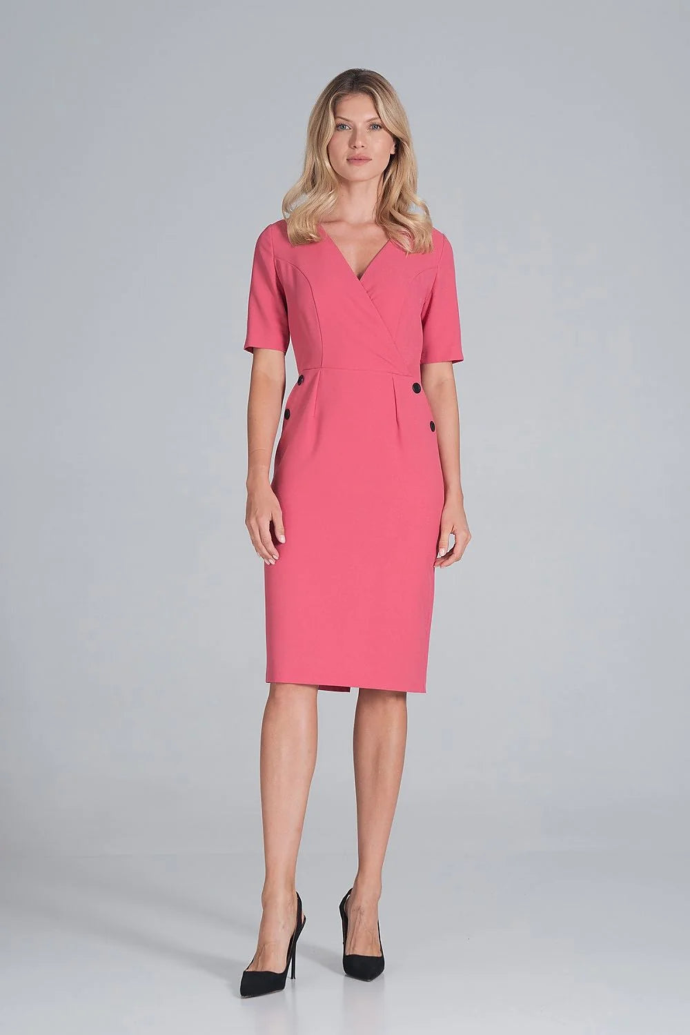 Robe élégante bleu marine polyester manches courtes col V ajustée professionnelle femme mode chic